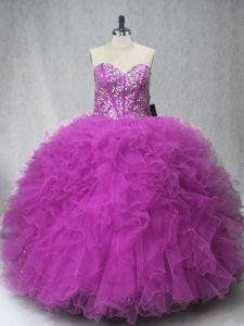 Exceptional Fuchsia Vestidos de Quinceanera Sweet 16 and Quinceanera with Beading and Ruffles Scoop Sleeveless Lace Up