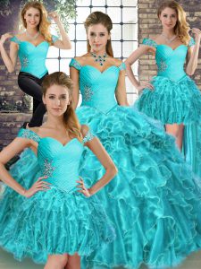 Stunning Off The Shoulder Sleeveless Sweet 16 Dress Brush Train Beading and Ruffles Aqua Blue Organza