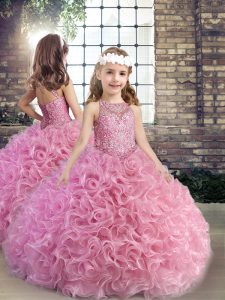 Pink Scoop Neckline Beading Kids Pageant Dress Sleeveless Lace Up