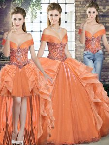 Best Selling Floor Length Orange Vestidos de Quinceanera Organza Sleeveless Beading and Ruffles
