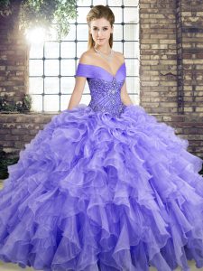 Brush Train Ball Gowns Quinceanera Gown Lavender Off The Shoulder Organza Sleeveless Lace Up