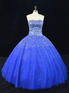 Fabulous Royal Blue Tulle Lace Up Quinceanera Gowns Sleeveless Floor Length Beading