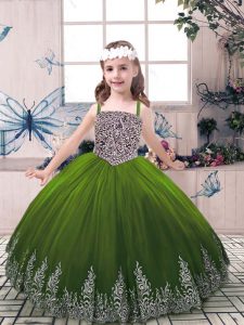 Olive Green Straps Neckline Beading and Embroidery Little Girl Pageant Gowns Sleeveless Lace Up