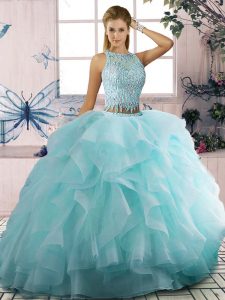 Great Aqua Blue Scoop Zipper Beading and Ruffles Party Dress for Toddlers Sleeveless