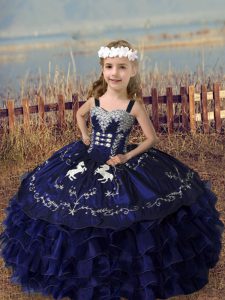 Latest Purple Little Girls Pageant Gowns Wedding Party with Embroidery and Ruffled Layers Straps Sleeveless Lace Up