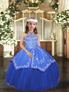 Elegant Royal Blue Halter Top Lace Up Beading and Appliques Kids Formal Wear Sleeveless