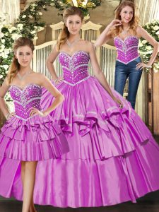 Lilac Satin Lace Up Sweetheart Sleeveless Floor Length Quince Ball Gowns Beading and Ruffled Layers