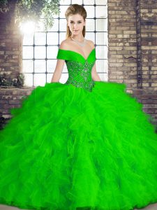 Elegant Sleeveless Tulle Floor Length Lace Up Sweet 16 Dresses in Green with Beading and Ruffles