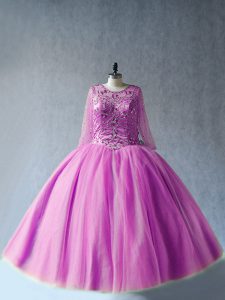Graceful Floor Length Lace Up Quinceanera Dresses Lilac for Sweet 16 and Quinceanera with Beading