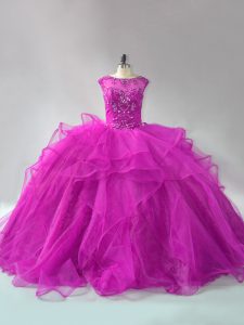 Customized Ball Gowns Long Sleeves Fuchsia 15th Birthday Dress Brush Train Lace Up