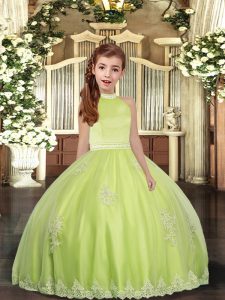 Yellow Green Tulle Backless Kids Formal Wear Sleeveless Floor Length Beading and Appliques