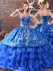 Discount Blue Ball Gowns Satin and Organza Sleeveless Embroidery Floor Length Sweet 16 Dresses
