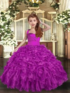 Fuchsia Pageant Gowns For Girls Party and Wedding Party with Ruffles and Ruching Straps Sleeveless Lace Up