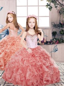 Eye-catching Red Scoop Neckline Beading and Ruffles Little Girl Pageant Gowns Sleeveless Zipper