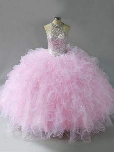 Sleeveless Floor Length Beading and Ruffles Lace Up 15 Quinceanera Dress with Pink