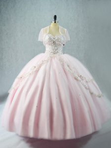 Custom Made Ball Gowns Sweet 16 Dress Pink Sweetheart Tulle Sleeveless Floor Length Lace Up