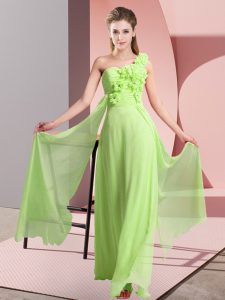 Yellow Green Chiffon Lace Up One Shoulder Sleeveless Floor Length Dama Dress Hand Made Flower