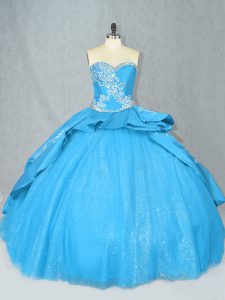 Sleeveless Embroidery Lace Up Quinceanera Gowns with Baby Blue Court Train