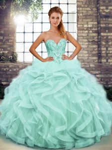 Sumptuous Sleeveless Tulle Floor Length Lace Up Sweet 16 Dress in Apple Green with Beading and Ruffles