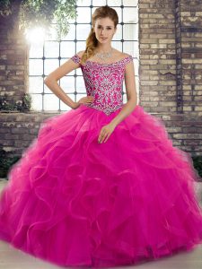 Chic Fuchsia Off The Shoulder Lace Up Beading and Ruffles 15 Quinceanera Dress Brush Train Sleeveless