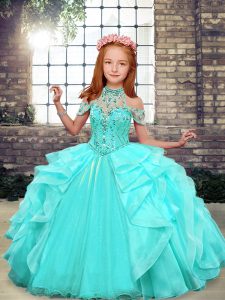 Aqua Blue High-neck Lace Up Beading and Ruffles Pageant Gowns Sleeveless