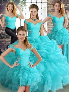 Vintage Floor Length Aqua Blue Quinceanera Gowns Off The Shoulder Sleeveless Lace Up