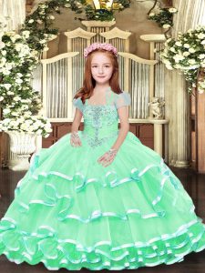 Enchanting Apple Green Sleeveless Floor Length Beading and Ruffled Layers Lace Up Little Girls Pageant Dress Wholesale
