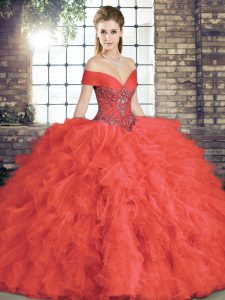 Elegant Floor Length Coral Red 15th Birthday Dress Tulle Sleeveless Beading and Ruffles