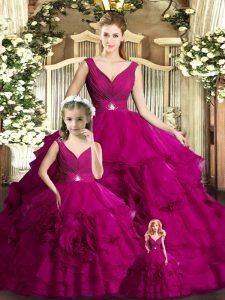 Designer Fuchsia Ball Gowns Beading and Ruffles Vestidos de Quinceanera Backless Organza Sleeveless Floor Length