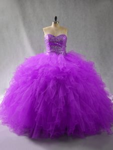 Exceptional Purple Sleeveless Tulle Lace Up 15 Quinceanera Dress for Sweet 16 and Quinceanera