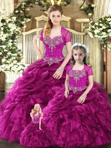Custom Designed Fuchsia Ball Gowns Beading and Ruffles and Pick Ups Sweet 16 Dress Lace Up Organza Sleeveless Floor Length