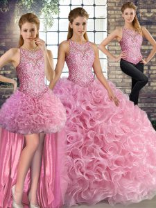 Discount Fabric With Rolling Flowers Scoop Sleeveless Lace Up Beading Quinceanera Dress in Rose Pink
