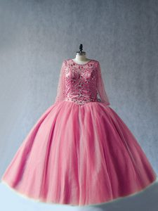 Scoop Long Sleeves Tulle Sweet 16 Dresses Beading Lace Up