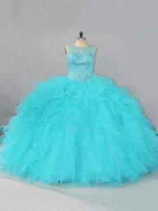 Pretty Aqua Blue Scoop Lace Up Beading and Ruffles Quinceanera Dress Sleeveless