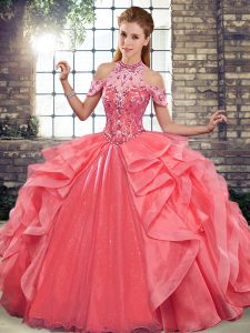 On Sale Watermelon Red Organza Lace Up Quinceanera Dress Sleeveless Floor Length Beading and Ruffles