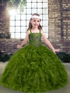 Customized Olive Green Lace Up Little Girl Pageant Gowns Beading and Ruffles Sleeveless Floor Length