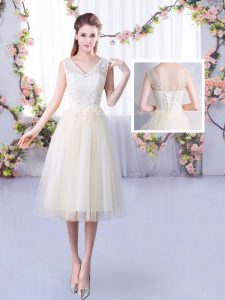 Tea Length Lace Up Quinceanera Court Dresses Champagne for Wedding Party with Lace