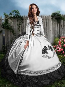 Artistic Sleeveless Floor Length Embroidery and Ruffles Lace Up Quinceanera Gown with White And Black