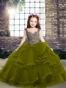 Olive Green Sleeveless Floor Length Beading and Ruffles Lace Up Pageant Dresses