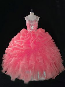 Popular Baby Pink Zipper Straps Beading and Ruffles and Pick Ups Party Dress Wholesale Organza Sleeveless