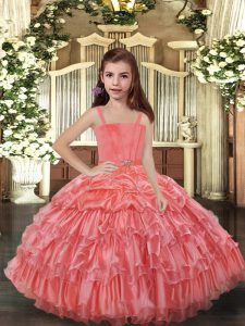 Hot Sale Watermelon Red Ball Gowns Organza Straps Sleeveless Ruffled Layers Floor Length Lace Up Little Girls Pageant Gowns