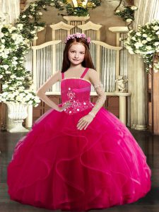 Customized Hot Pink Lace Up Pageant Gowns For Girls Beading and Ruffles Sleeveless Floor Length