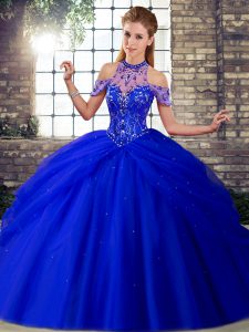 Custom Made Royal Blue Halter Top Lace Up Beading and Pick Ups Quinceanera Dresses Brush Train Sleeveless