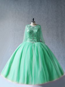 Edgy Apple Green Ball Gowns Beading 15 Quinceanera Dress Lace Up Tulle Long Sleeves Floor Length