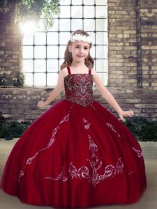 Wine Red Straps Neckline Beading Little Girl Pageant Dress Sleeveless Lace Up