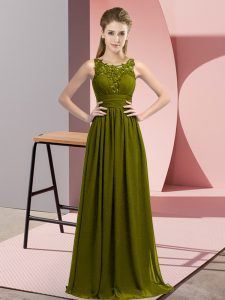 Dynamic Olive Green Empire Chiffon Scoop Sleeveless Beading and Appliques Floor Length Zipper Damas Dress