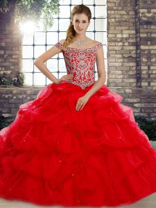 Artistic Red Tulle Lace Up Off The Shoulder Sleeveless Vestidos de Quinceanera Brush Train Beading and Pick Ups