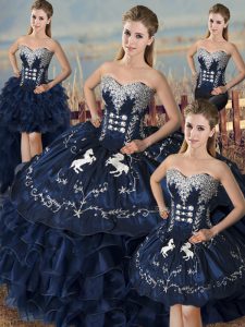 Navy Blue Sleeveless Satin and Organza Lace Up Sweet 16 Dresses for Sweet 16 and Quinceanera