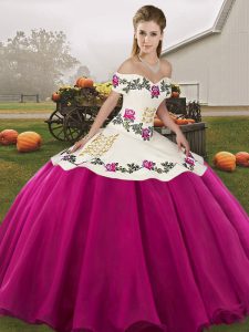 Glittering Off The Shoulder Sleeveless Quinceanera Gown Floor Length Embroidery Fuchsia Organza