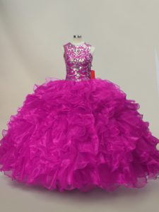 Fuchsia Quinceanera Dress Sweet 16 and Quinceanera with Ruffles and Sequins Scoop Sleeveless Lace Up